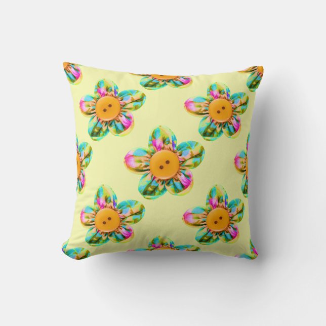 Pink, purple, yellow flowers on yellow cushion (Front)