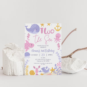 Pink Purple Yellow Girls Two The Sea Birthday Invitation