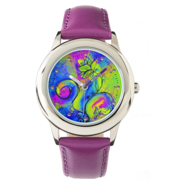 PINK PURPLE YELLOW GREEN WHIMSICAL FLOWERS WATCH (Front)