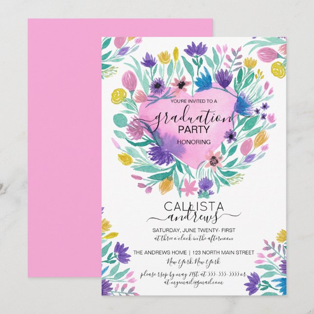 Pink Purple Yellow Heart Flowers Leaves Graduation Invitation (Front/Back)