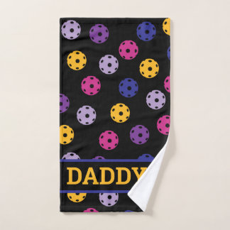 Pink, purple, yellow pickleballs, custom text  hand towel