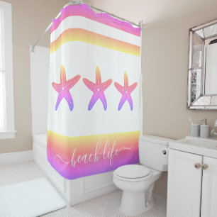 Pink purple yellow starfish beach life script bold shower curtain