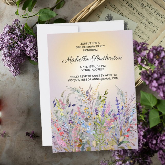 Pink Purple Yellow Wildflowers 60th Birthday Invitation (Springtime wildflowers and sunshine women's 60th birthday party invitation)