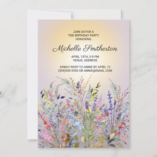 Pink Purple Yellow Wildflowers 75th Birthday Invitation (Front)