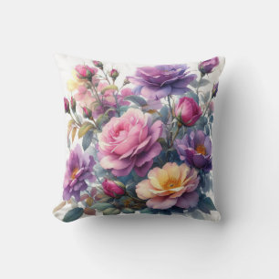 Pink Purple Yellow Wildflowers Roses Floral  Cushion