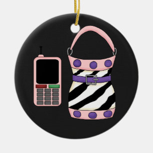 Pink Purple Zebra Stripe Purse and Pink Cell Phone Ceramic Tree Decoration