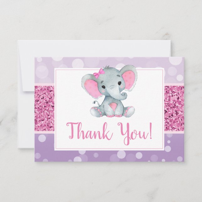 Pink PurpleElephant Thank you Card Shower Birthday (Front)