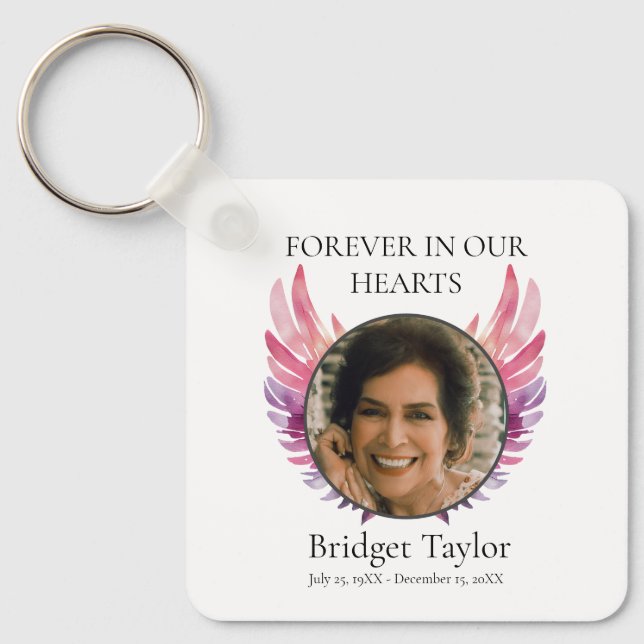 Pink & Purples Angel Wings Funeral Photo Memorial Key Ring (Front)