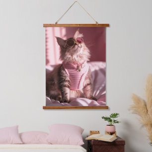 Pink Purrfection: Chic Cat in Style Hanging Tapestry