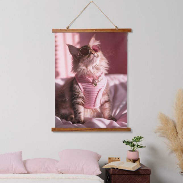 Pink Purrfection: Chic Cat in Style Hanging Tapestry (Bedroom)