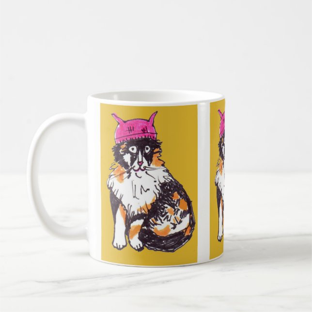 Pink Pussy Hat on Calico Cat for Women's March Coffee Mug (Left)