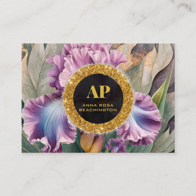 *~ Pink QR AP10 IRIS Flowers Gold Business Card (Front)