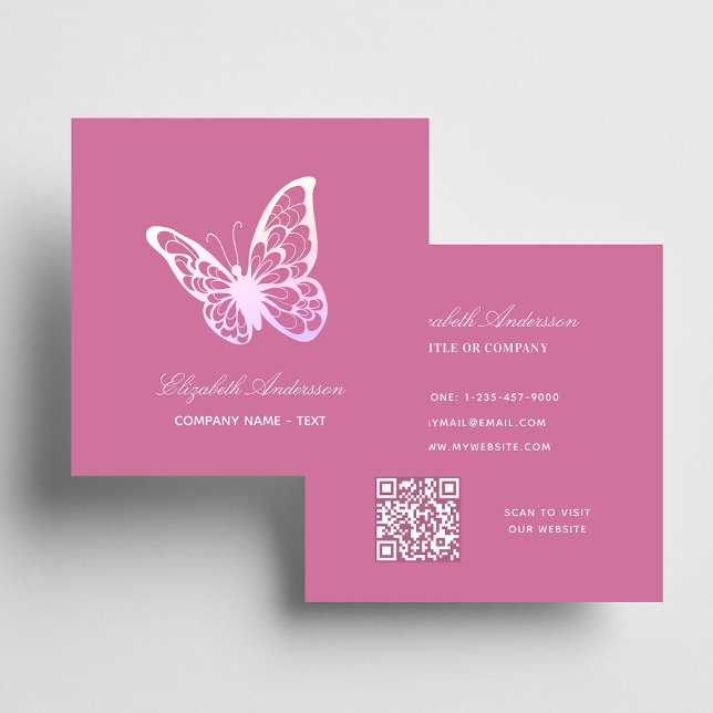 Pink QR code butterfly elegant Square Business Card (Creator Uploaded)