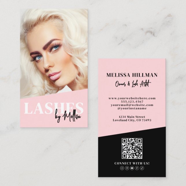 Pink QR Code Photo Lashes Vertical Business Card (Front/Back)