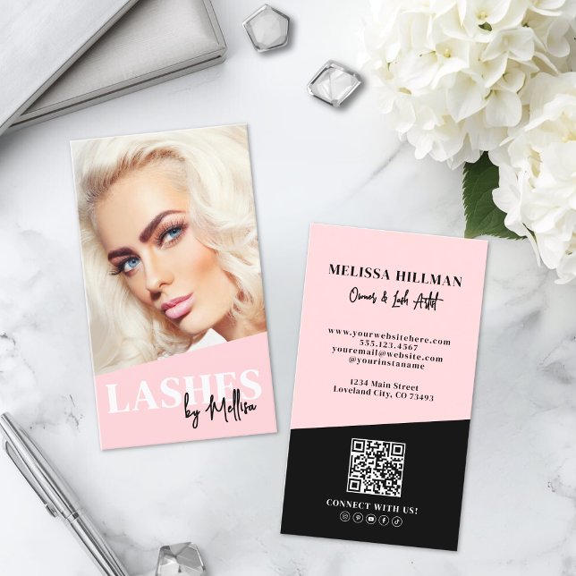 Pink QR Code Photo Lashes Vertical Business Card (Pink QR Code Photo Lashes Vertical Business Card )