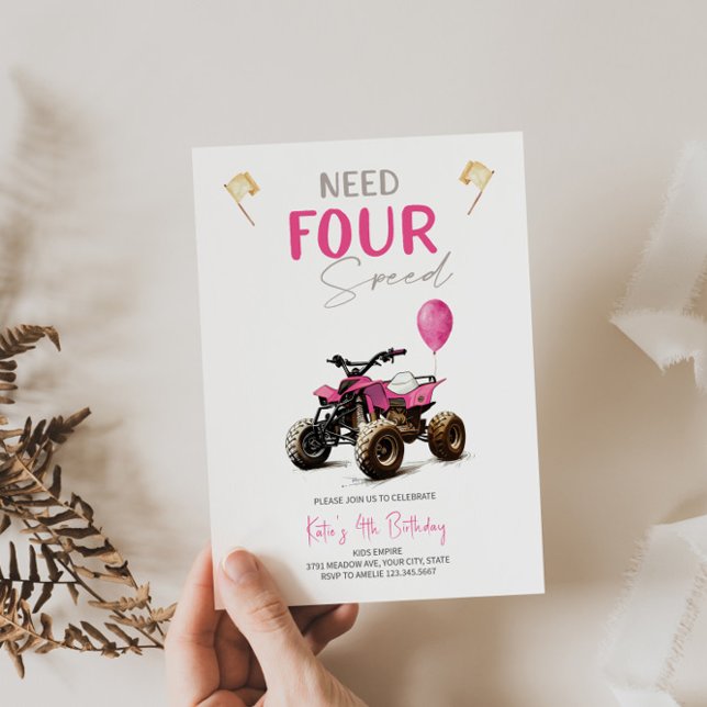Pink Quad Bike 4th Birthday Invitation  (Creator Uploaded)