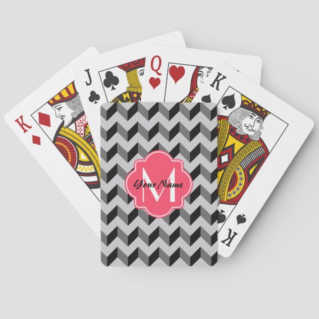 Pink Quatrefoil Monogram Black and Grey Chevron Playing Cards (Back)