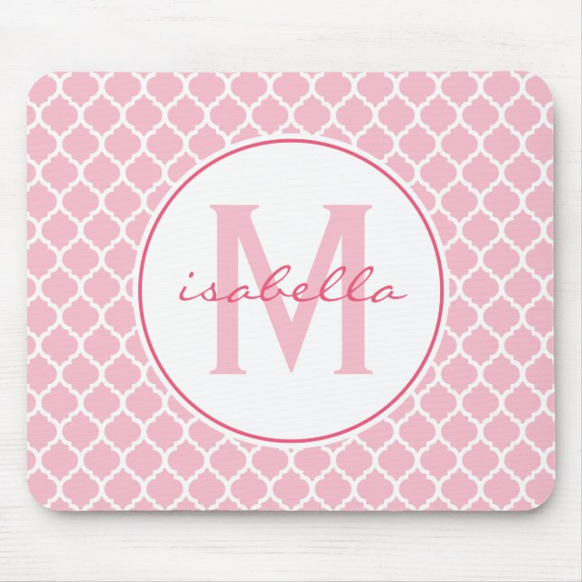 Pink Quatrefoil Monogram Mouse Mat (Front)
