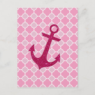 Pink Quatrefoil Pattern Glitter Sparkles Anchor Postcard
