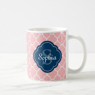 Pink Quatrefoil Pattern Navy Monogram Coffee Mug