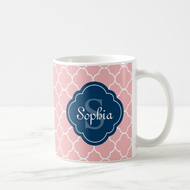 Pink Quatrefoil Pattern Navy Monogram Coffee Mug (Right)