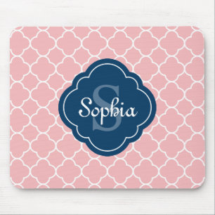 Pink Quatrefoil Pattern Navy Monogram Mouse Mat