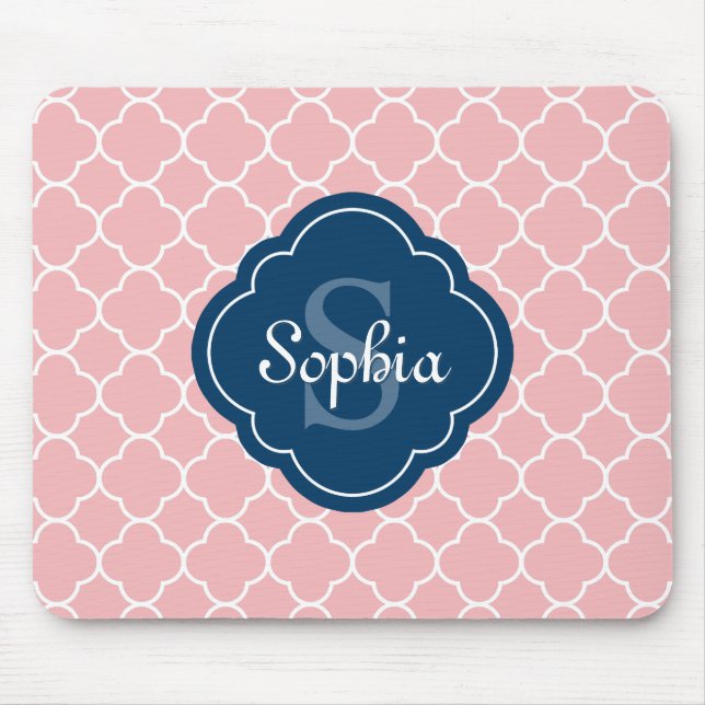 Pink Quatrefoil Pattern Navy Monogram Mouse Mat (Front)