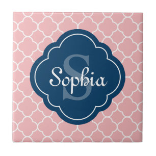 Pink Quatrefoil Pattern Navy Monogram Tile