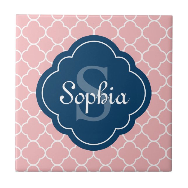 Pink Quatrefoil Pattern Navy Monogram Tile (Front)