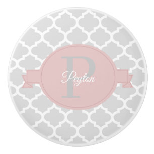 Pink Quatrefoil Personalised Ceramic Knob