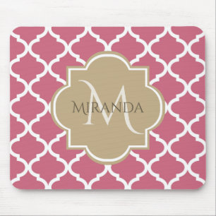 Pink Quatrefoil With Girly Monogram and Name Mouse Mat
