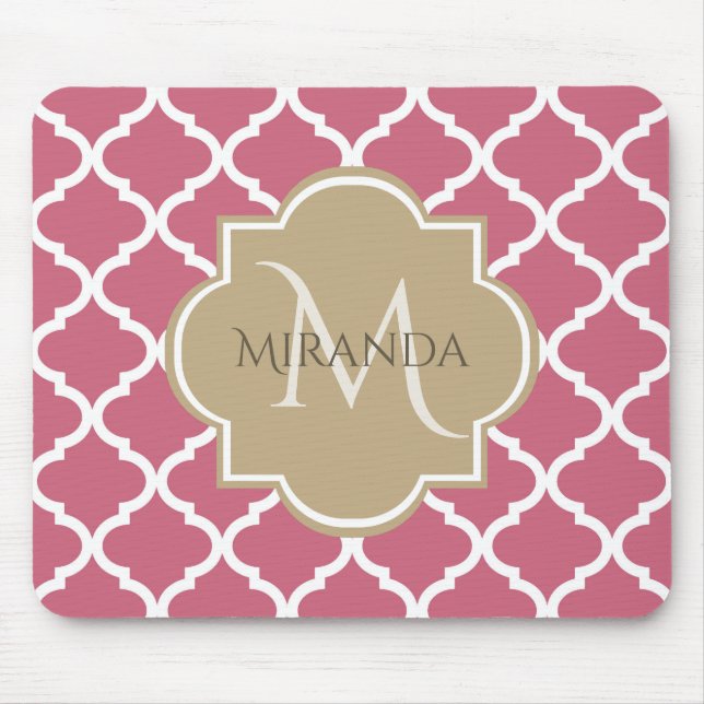 Pink Quatrefoil With Girly Monogram and Name Mouse Mat (Front)