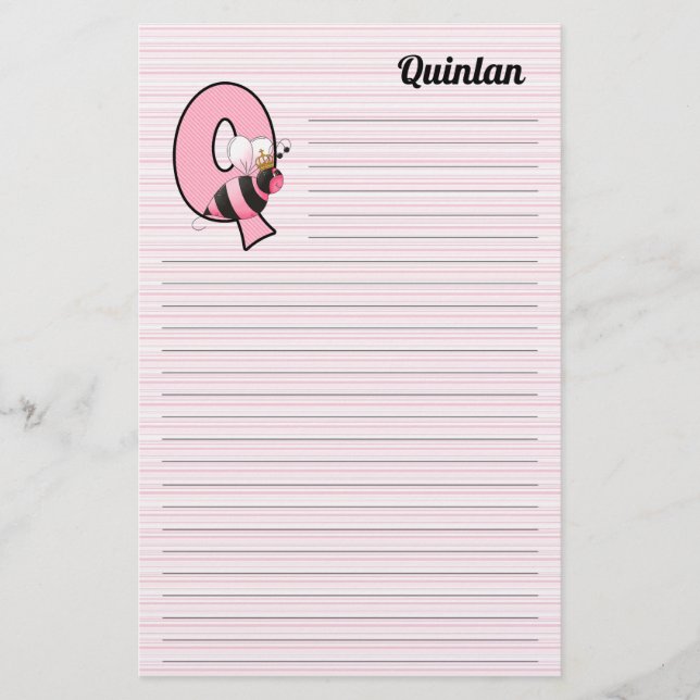 Pink Queen Bee Mongram "Q" Lined Stationery (Front)