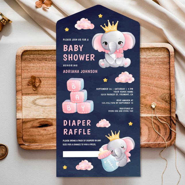 Pink Queen Elephant Girl Navy Blue Baby Shower All In One Invitation (Creator Uploaded)