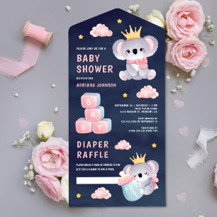 Pink Queen Koala Bear Girl Navy Blue Baby Shower All In One Invitation