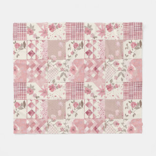 Pink Quilt Patchwork Gingham Cottagecore Floral Fleece Blanket