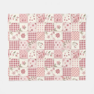 Pink Quilt Patchwork Gingham Cottagecore Floral Fleece Blanket