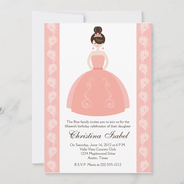 Pink Quince Dress Brunette Quinceanera Invitations (Front)