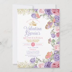 Pink Quinceañera 15 Anos Purple Flowers Gold Crown Invitation