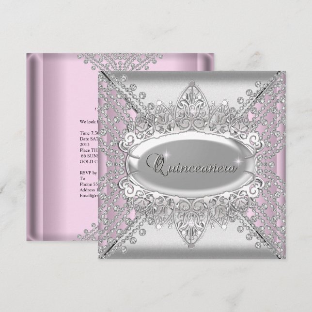 Pink Quinceanera 15 Birthday Party White Diamonds Invitation (Front/Back)