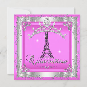 Pink Quinceanera 15 Silver Tiara Eiffel Tower Invitation