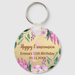 Pink Quinceanera 15th birthday party floral gold Key Ring
