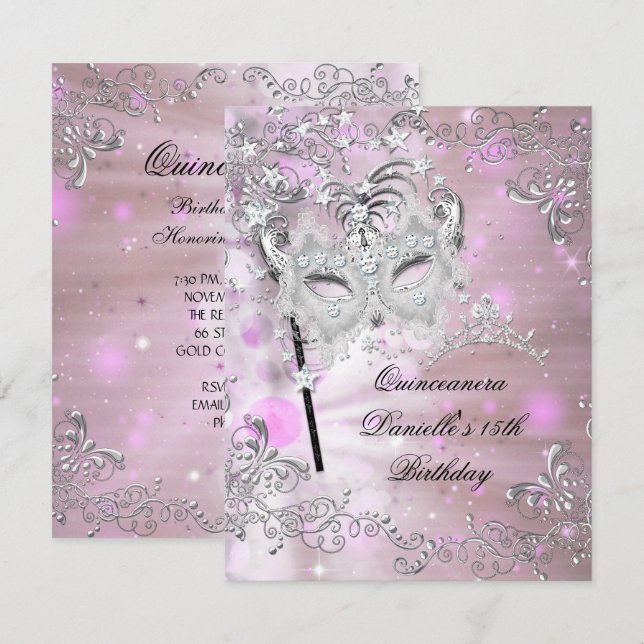 Pink Quinceanera 15th Birthday Tiara Masquerade Invitation (Front/Back)