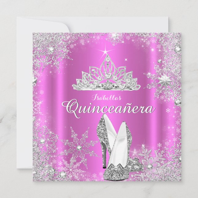 Pink Quinceanera 15th Silver Tiara Birthday Party Invitation (Front)