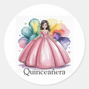 Pink Quinceañera Ball Gown Art Classic Round Sticker