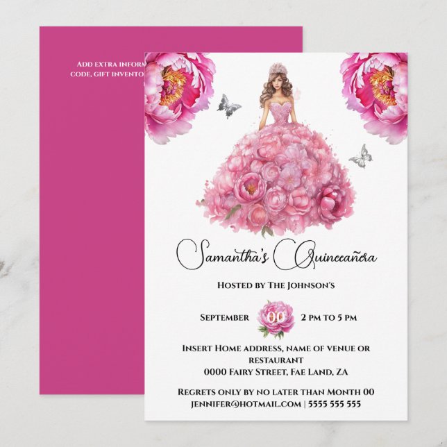 Pink Quinceañera ballgown peony floral flowers Invitation (Front/Back)