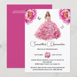Pink Quinceañera ballgown peony floral flowers Invitation