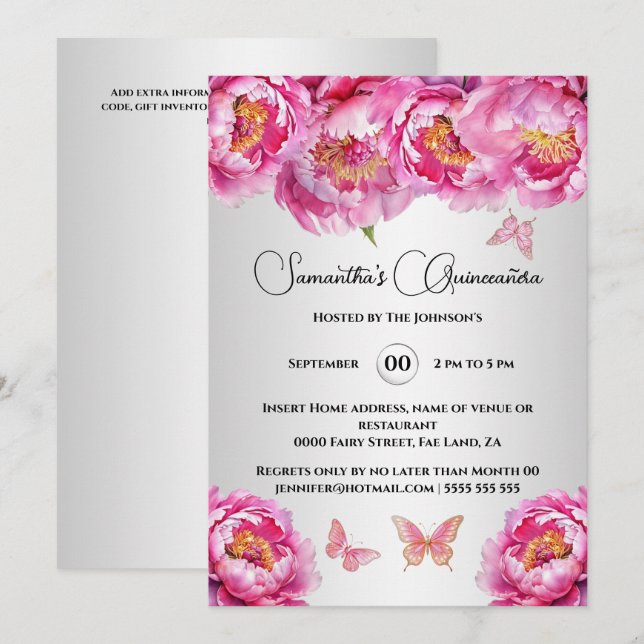Pink Quinceañera butterfly peony floral flowers Invitation (Front/Back)