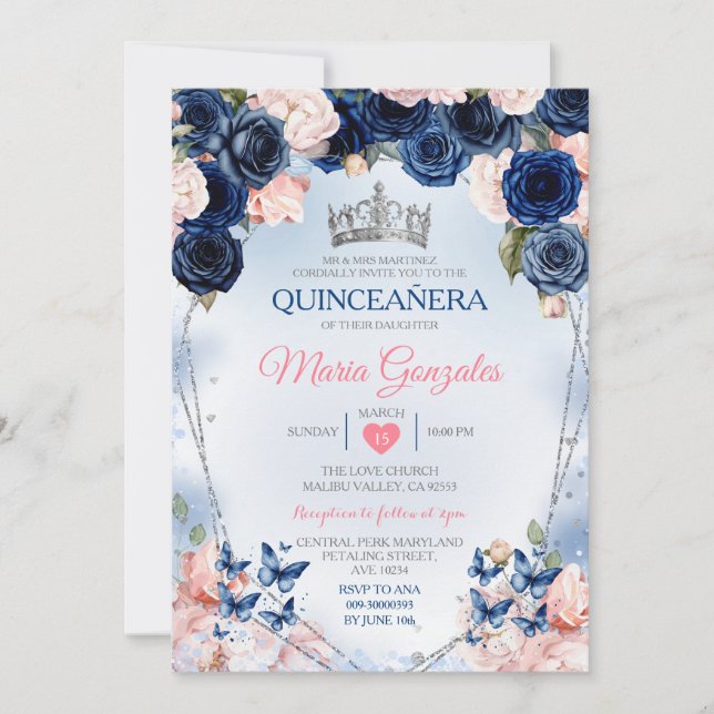 Pink Quinceañera Crown Navy Butterfly 15 Anos Invitation (Front)