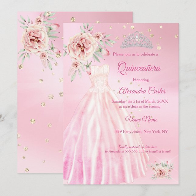 Pink Quinceanera Dress Tiara Floral Birthday Party Invitation (Front/Back)